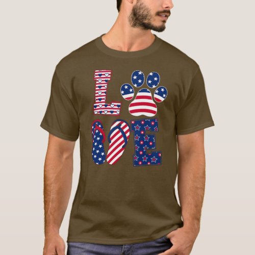 Cute Dog Paw With Flip Flops American Flag Happy T_Shirt