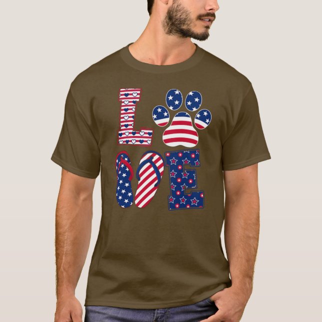 Cute Dog Paw With Flip Flops American Flag Happy T-Shirt (Front)