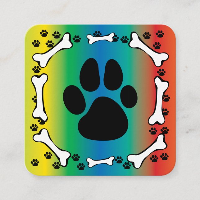 Cute Dog Paws and Bones Pet Service Rainbow Color Square Business Card (Front)