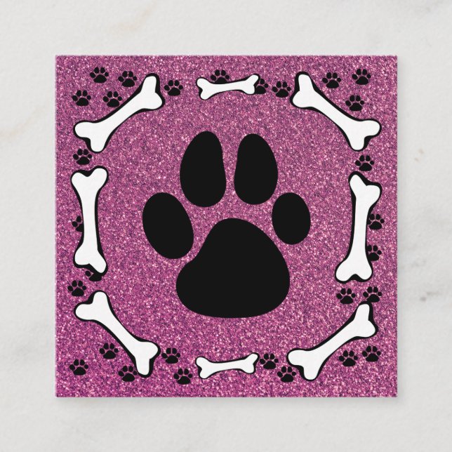 Cute Dog Paws Bones Pink Glitter Pet Service Square Business Card (Front)
