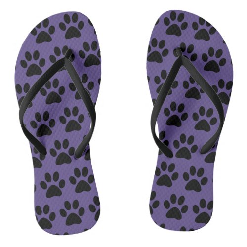 Cute Dog Paws Print Pattern Stylish Black Purple Flip Flops