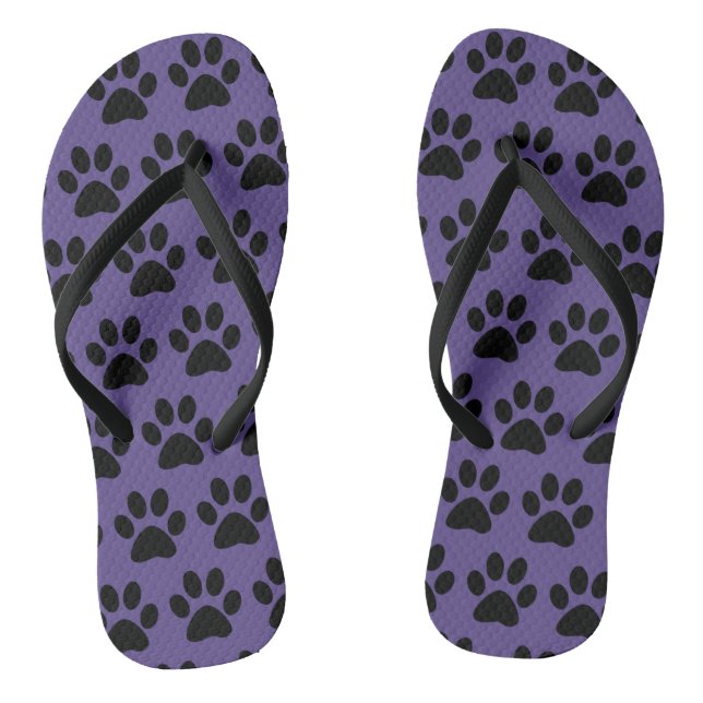 Cute Dog Paws Print Pattern Stylish Black Purple Flip Flops (Footbed)
