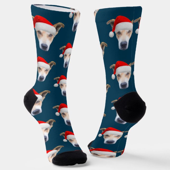 Cute Dog Pet Photo Navy Blue Red Christmas Socks (Angled)
