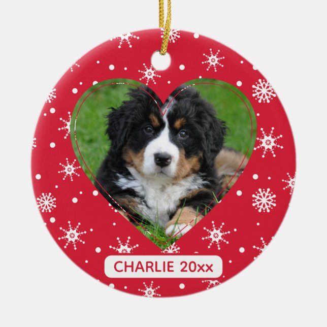 Cute Dog Pet Photo Snowflake Red Christmas Ceramic Ornament (Front)