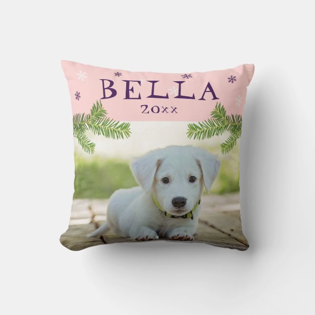 Cute Dog Pet Picture Pink Christmas Photo Keepsake Throw Pillow (Front)