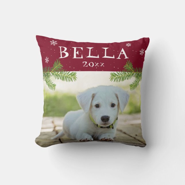 Cute Dog Pet Picture Red Christmas Photo Keepsake Throw Pillow (Front)