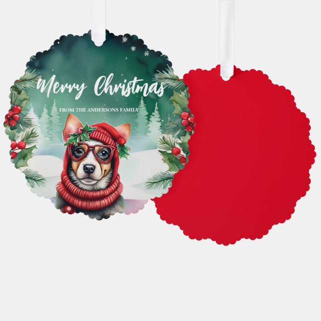 Cute DOG Pet Santa Xmas Holiday Party Family boys Ornament Card (Front/Back)