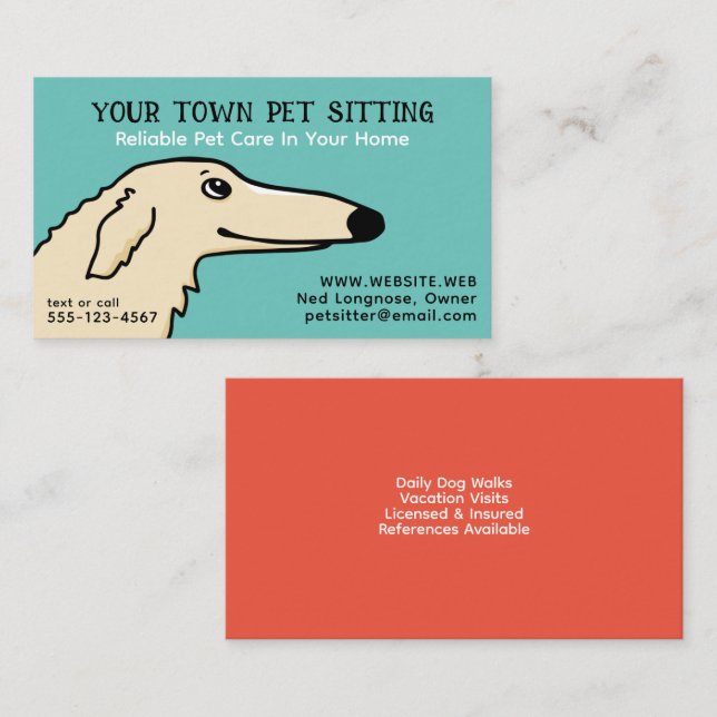 Cute Dog Pet Sitting Long Nose Borzoi Cartoon Business Card (Front/Back)