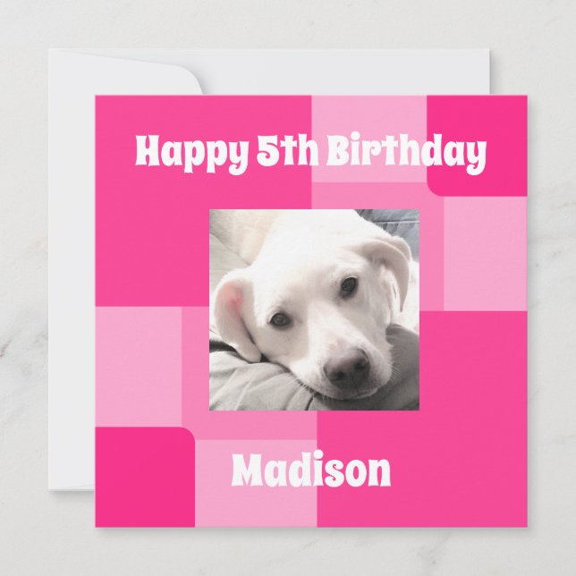  Cute Dog Photo 5th Birthday Pink Holiday Card (Front)
