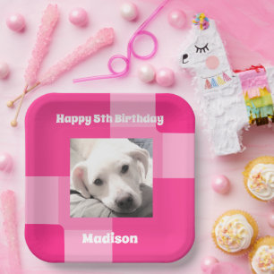 Cute Dog Photo 5th Birthday Pink Paper Plates
