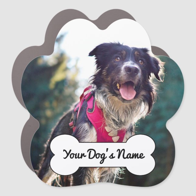 Cute Dog Photo Bone Name Car Magnet (Front)