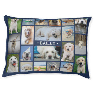 Cute Dog Photo Collage Modern Navy Blue & White Pet Bed