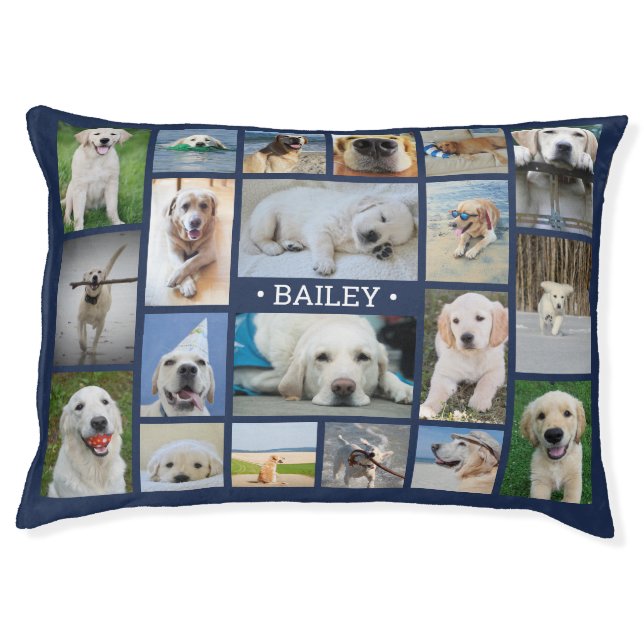 Cute Dog Photo Collage Modern Navy Blue & White Pet Bed (Front)