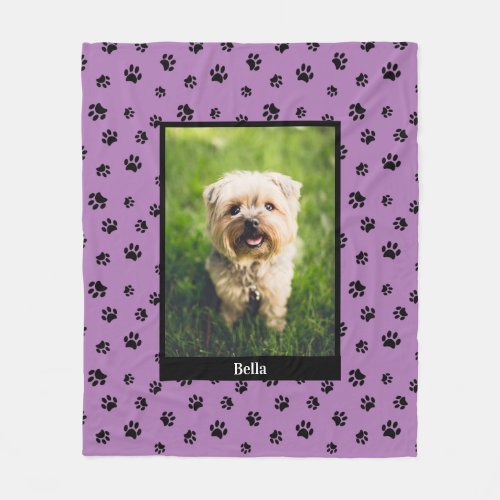 Cute Dog Photo Custom Black Paw Prints Purple Fleece Blanket