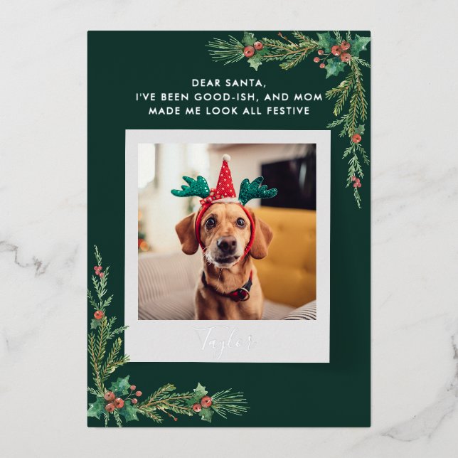 Cute Dog Photo Custom Christmas Foil Holiday Card (Front)