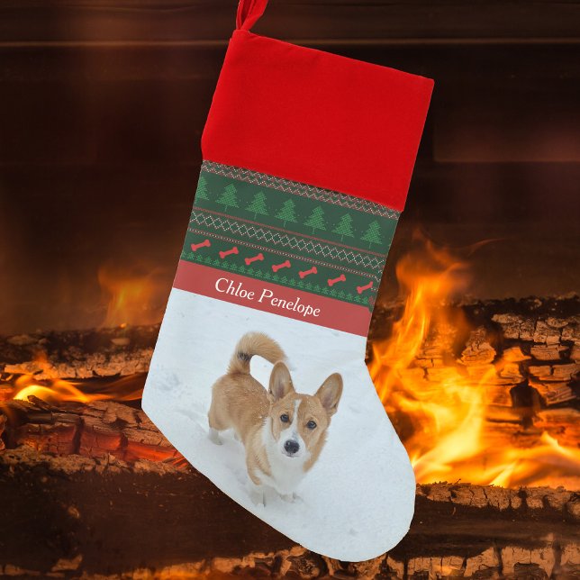 Cute Dog Photo Festive Red Green Custom Pet Christmas Stocking (Creator Uploaded)