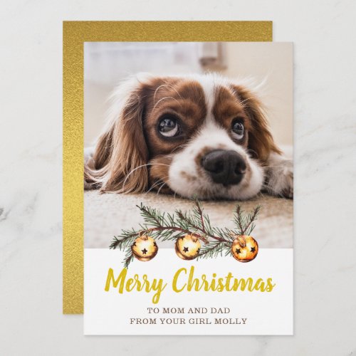 Cute Dog Photo Merry Christmas Mom Dad Gold Holiday Card