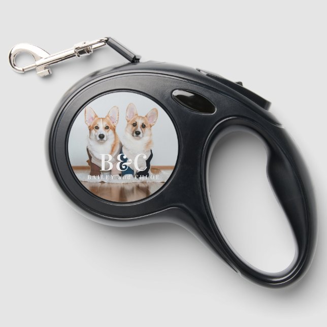 Cute Dog Photo Monogram Name Retractable Pet Leash (Front)