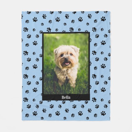 Cute Dog Photo Name Black Paw Prints Pattern Blue Fleece Blanket