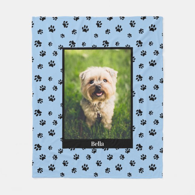 Cute Dog Photo Name Black Paw Prints Pattern Blue Fleece Blanket (Front)