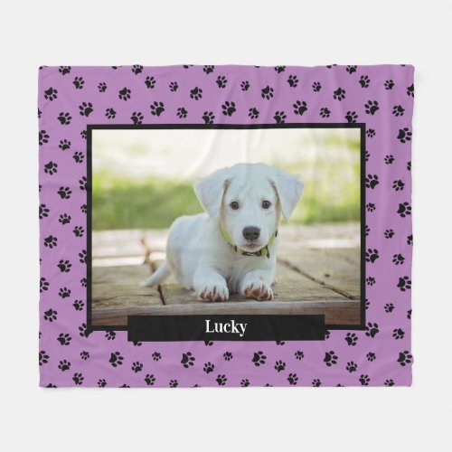 Cute Dog Photo Name Black Paw Prints Purple Fleece Blanket