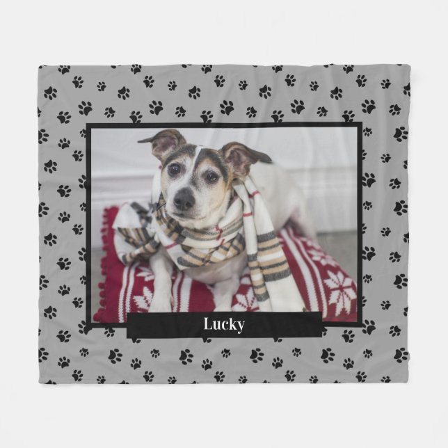 Cute Dog Photo Name Black Paw Prints Silver Gray Fleece Blanket (Front (Horizontal))