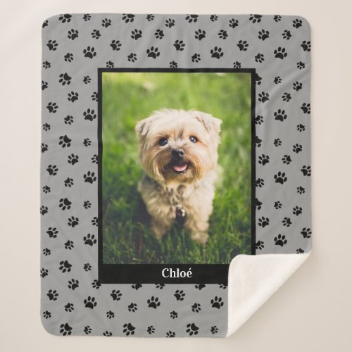 Cute Dog Photo Name Black Paw Prints Silver Gray Sherpa Blanket