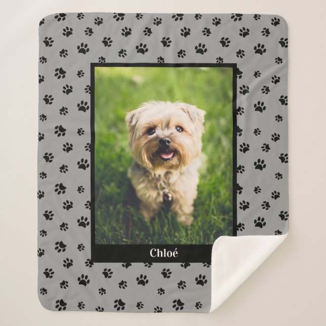 Cute Dog Photo Name Black Paw Prints Silver Gray Sherpa Blanket (Front)
