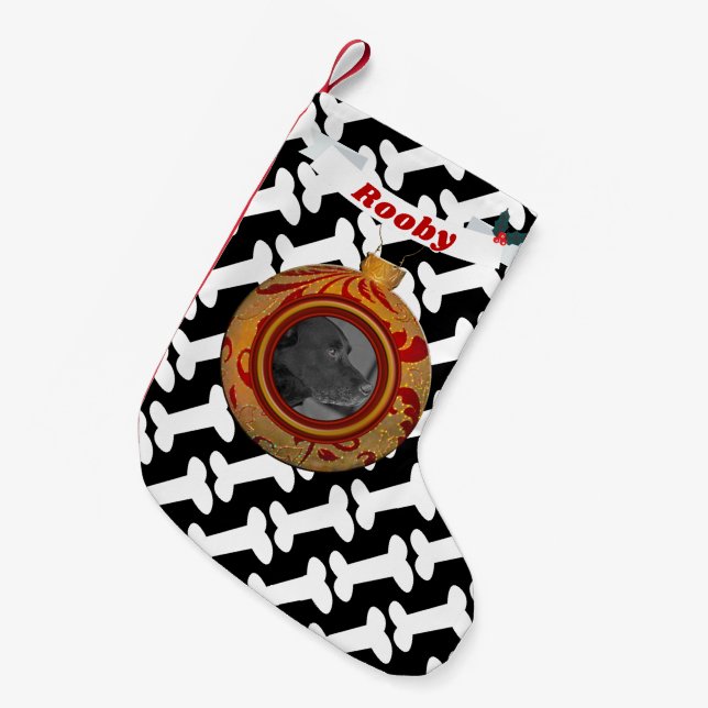 Cute Dog Photo Name Bones Pattern Black and White Small Christmas Stocking (Front (Hanging))
