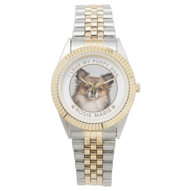 Cute Dog Photo Name Gold Paw Prints Personalized Watch (Front)