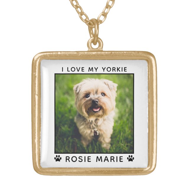 Cute Dog Photo Name Paw Prints Personalized Gold Plated Necklace (Front)
