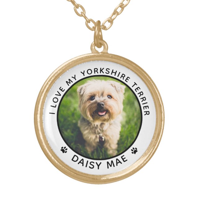 Cute Dog Photo Name Paw Prints Personalized Gold Plated Necklace (Front)