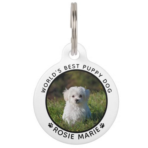 Cute Dog Photo Name Paw Prints Personalized Pet ID Tag