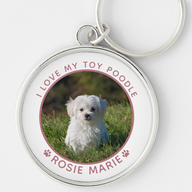 Cute Dog Photo Name Pink Paw Prints Personalized Keychain (Front)