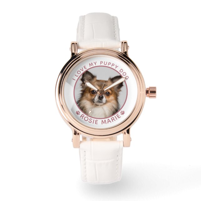 Cute Dog Photo Name Pink Paw Prints Personalized Watch (Front)