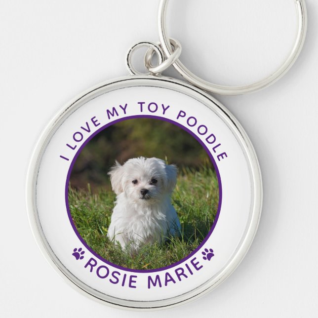 Cute Dog Photo Name Purple Paw Prints Personalized Keychain (Front)