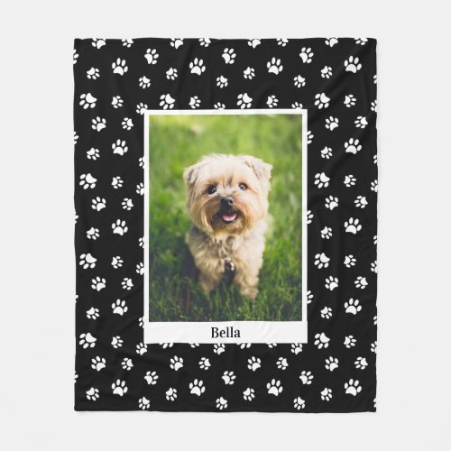 Cute Dog Photo Name White Paw Prints Black Fleece Blanket