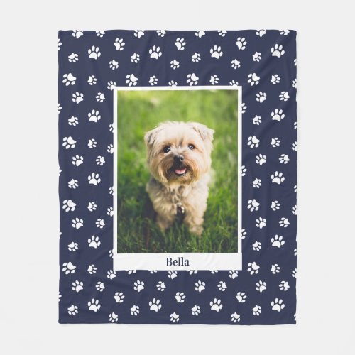 Cute Dog Photo Name White Paw Prints Navy Blue Fleece Blanket