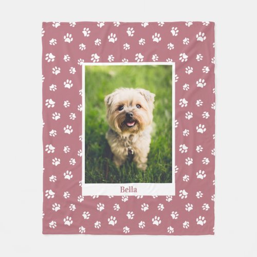 Cute Dog Photo Name White Paw Prints Rose Gold Fleece Blanket
