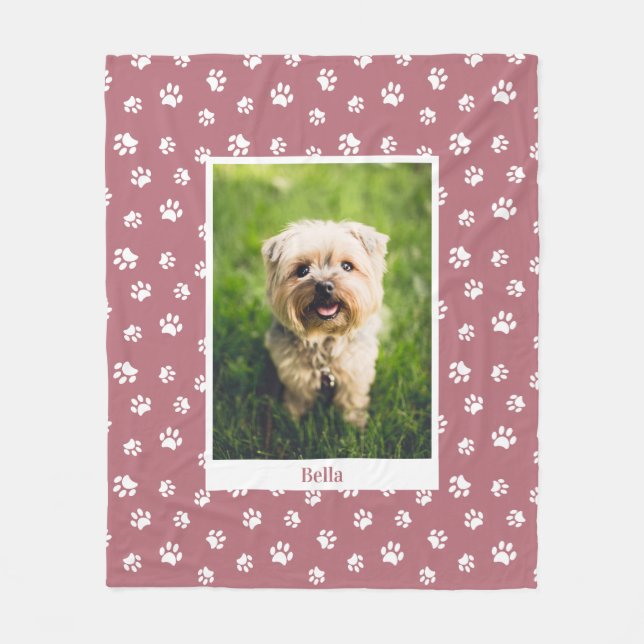 Cute Dog Photo Name White Paw Prints Rose Gold Fleece Blanket (Front)