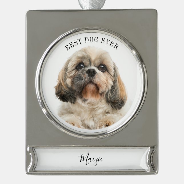 Cute Dog Photo Personalized Pet Holiday Silver Plated Banner Ornament (Front)