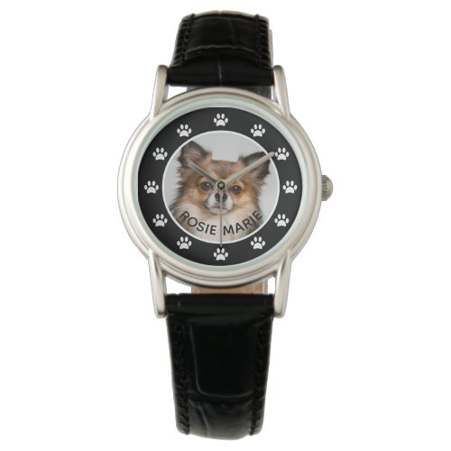 Cute Dog Photo Pet Name Paw Prints Custom Watch