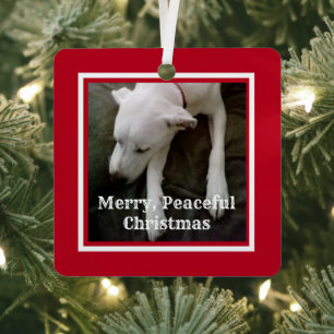 Cute Dog Photo Red and White Peace 2025 Christmas Metal Ornament