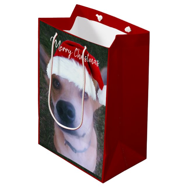 Cute Dog Photo Red Christmas Custom Medium Gift Bag (Front Angled)