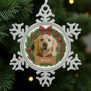 Cute Dog Photo Simple Holiday Christmas Wreath Snowflake Pewter Christmas Ornament