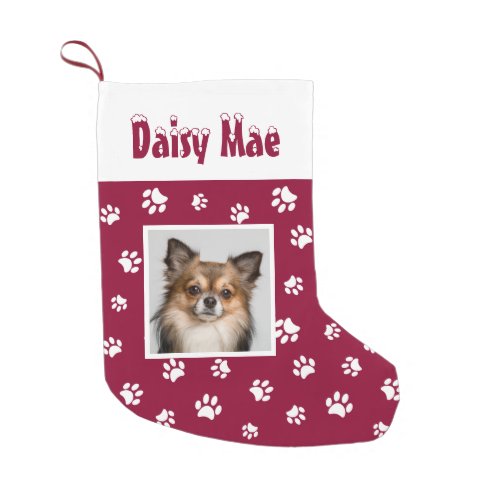 Cute Dog Photo Snow Covered Name Red White Paws Small Christmas Stocking