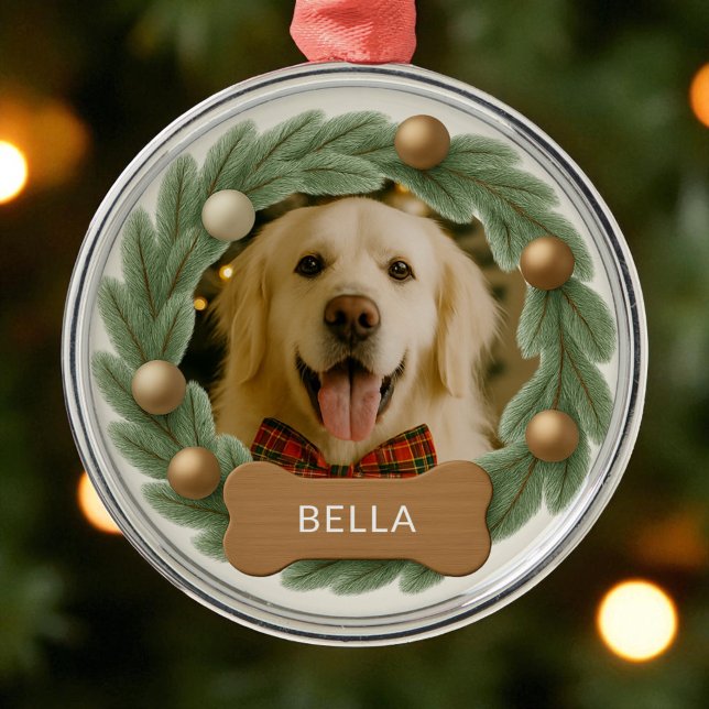 Cute Dog Photo Wreath Name Holiday Christmas Metal Ornament (Creator Uploaded)