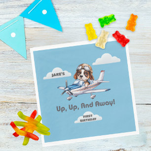 Cute Dog Pilot Flying Airplane Boy First Birthday Napkins