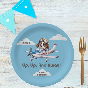 Cute Dog Pilot Flying Airplane Boy First Birthday Paper Plates