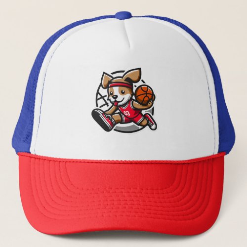 Cute dog playing basketball trucker hat